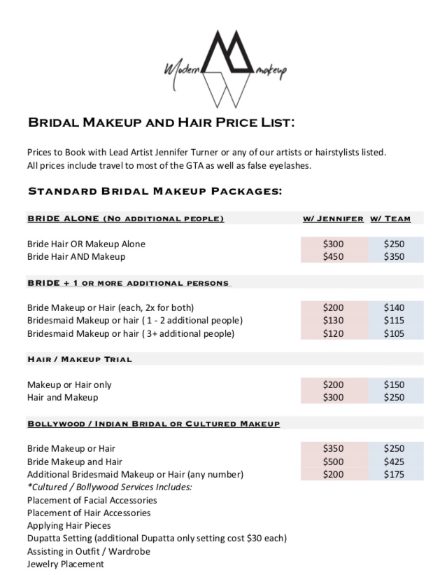 Bridal Makeup and Hair Rates Toronto