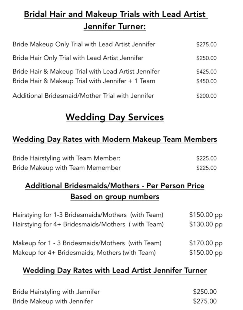 Modern Makeup Mobile makeup and hair Price list